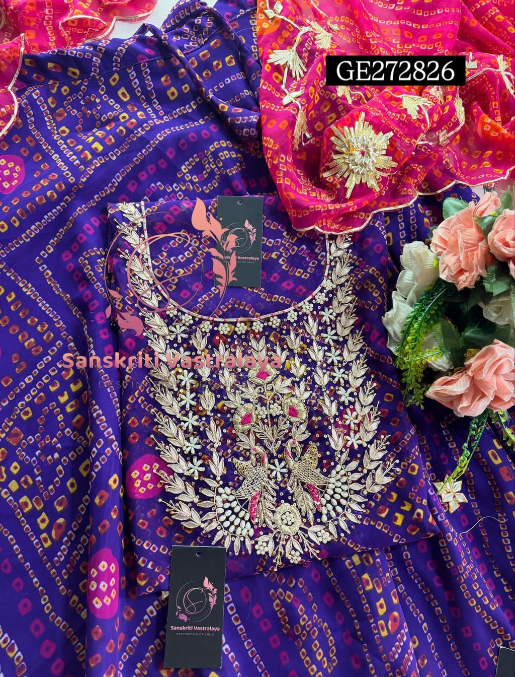 SKIRT SET IN GEORGETTE BANDHEJ  | GOTA PATTI ZARDOSHI HANDWORK WORK 3 PC PURPLE BANDHEJ LEHENGA KURTA DUPATTA SET GR272826
