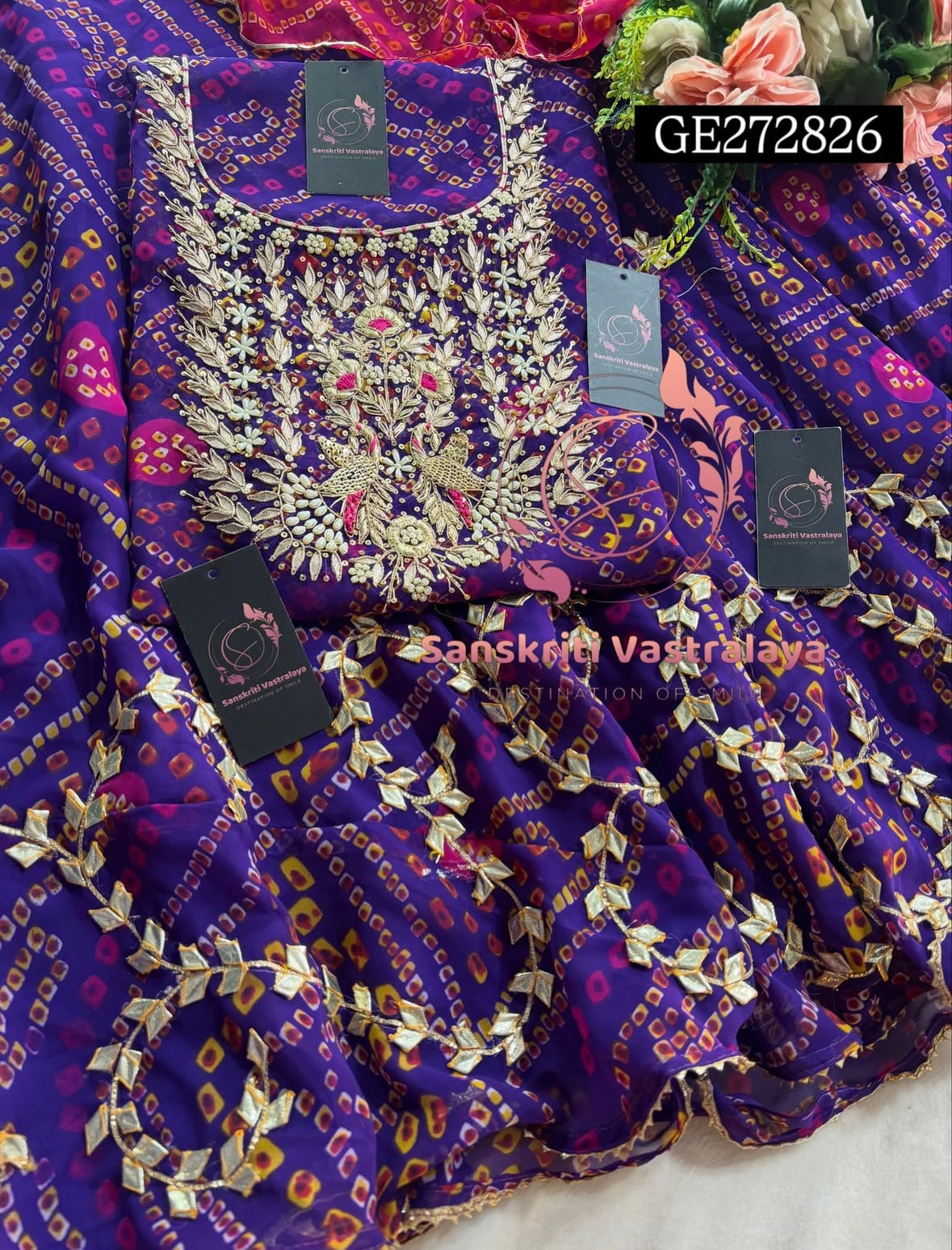 SKIRT SET IN GEORGETTE BANDHEJ  | GOTA PATTI ZARDOSHI HANDWORK WORK 3 PC PURPLE BANDHEJ LEHENGA KURTA DUPATTA SET GR272826