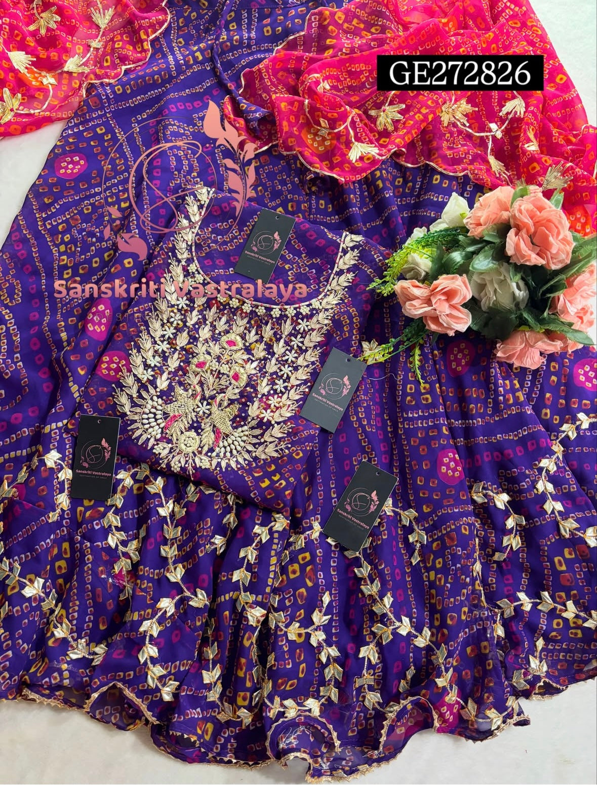 SKIRT SET IN GEORGETTE BANDHEJ  | GOTA PATTI ZARDOSHI HANDWORK WORK 3 PC PURPLE BANDHEJ LEHENGA KURTA DUPATTA SET GR272826