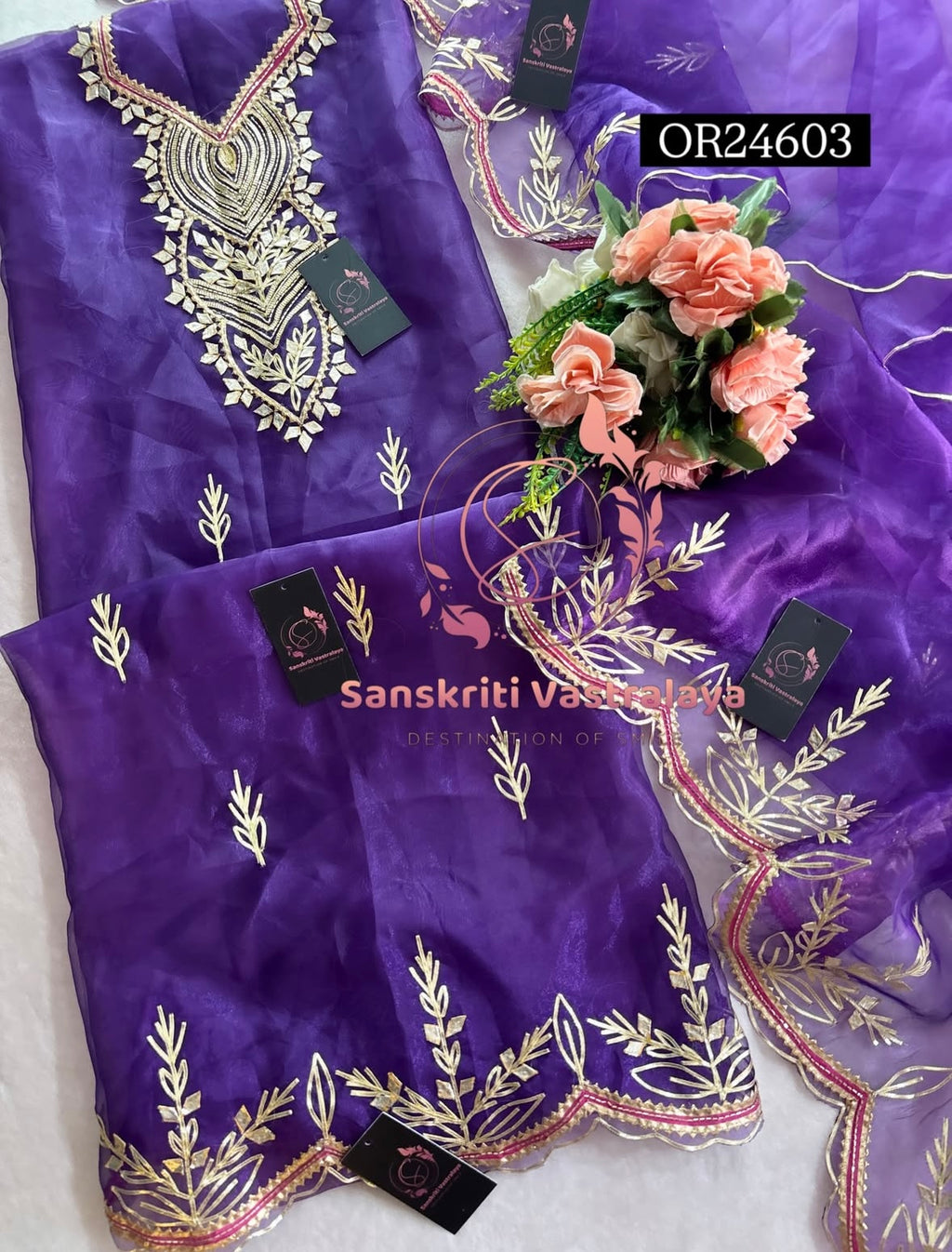 ORGANZA GOTA PATTI  Handwork 3pc PURPLE  3UNSTICHED TISSUE ORGANZA Suit jaipuri GOTA PATTI  OR24603