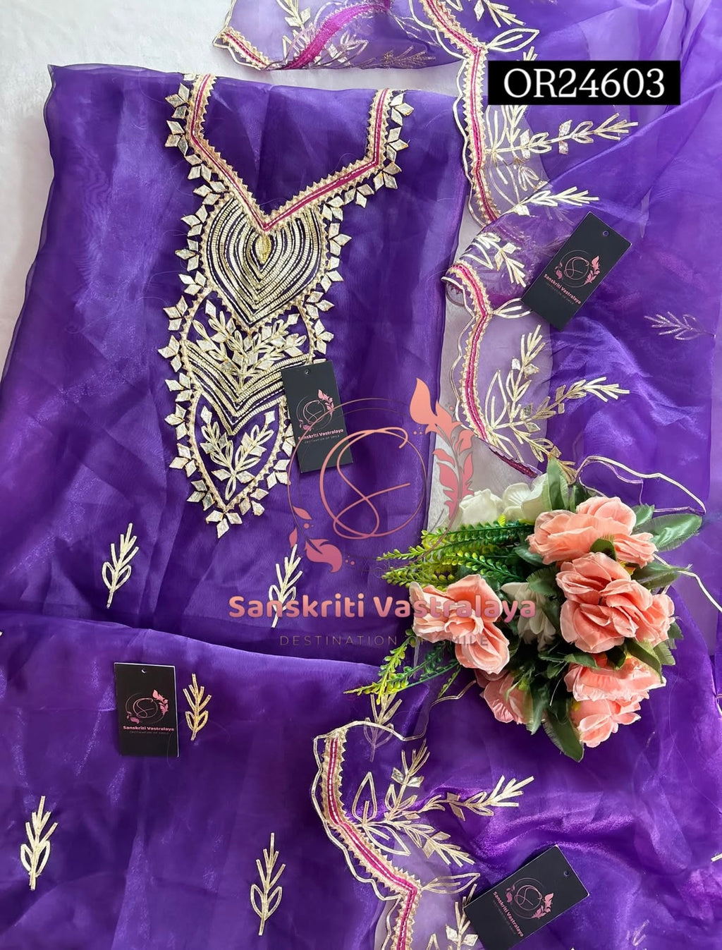 ORGANZA GOTA PATTI  Handwork 3pc PURPLE  3UNSTICHED TISSUE ORGANZA Suit jaipuri GOTA PATTI  OR24603