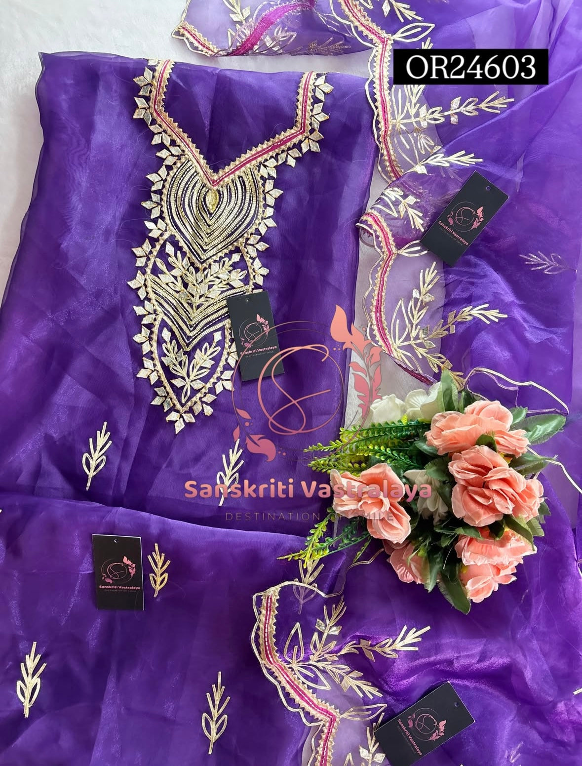 ORGANZA GOTA PATTI  Handwork 3pc PURPLE  3UNSTICHED TISSUE ORGANZA Suit jaipuri GOTA PATTI  OR24603