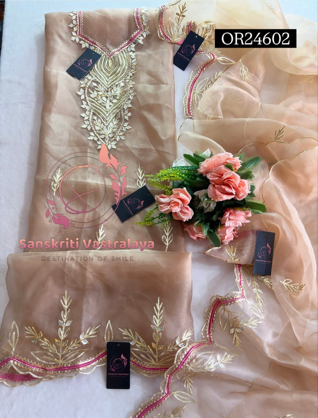 GOTA PATTI  ORGANZA Handwork 3pc BEIGE  UNSTICHED  Suit jaipuri GOTA PATTI  OR24602