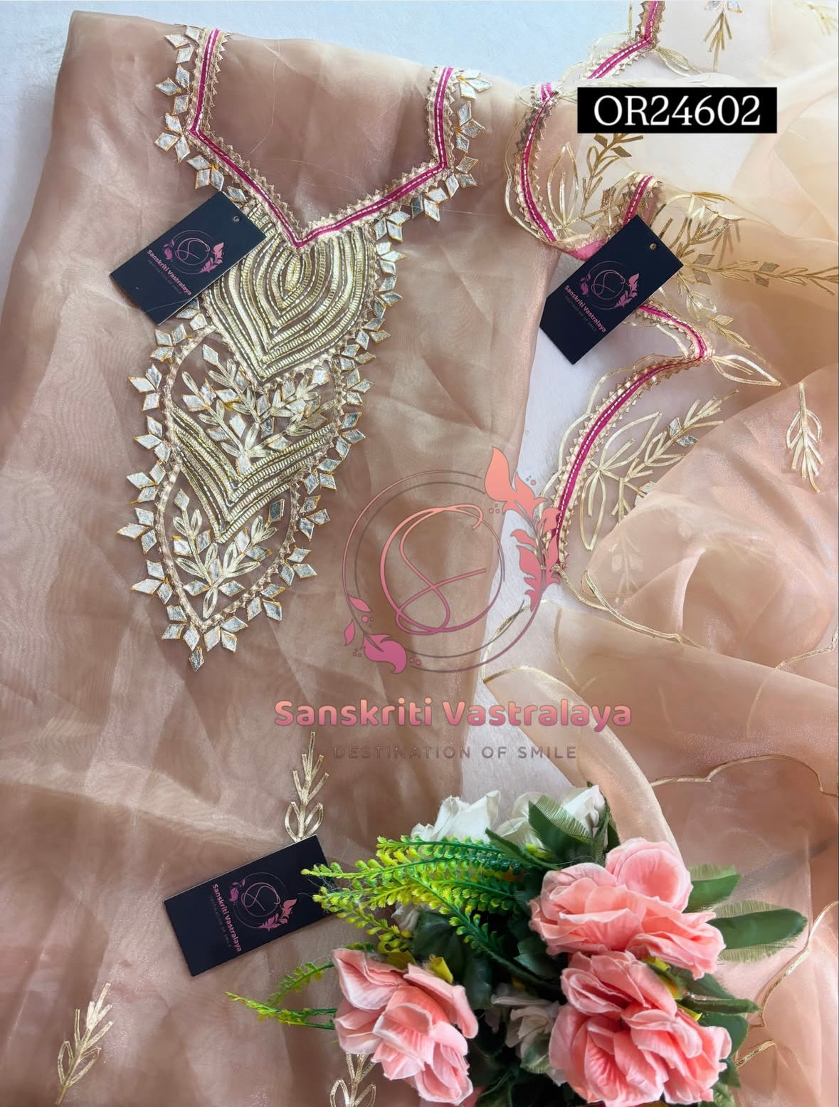 GOTA PATTI  ORGANZA Handwork 3pc BEIGE  UNSTICHED  Suit jaipuri GOTA PATTI  OR24602