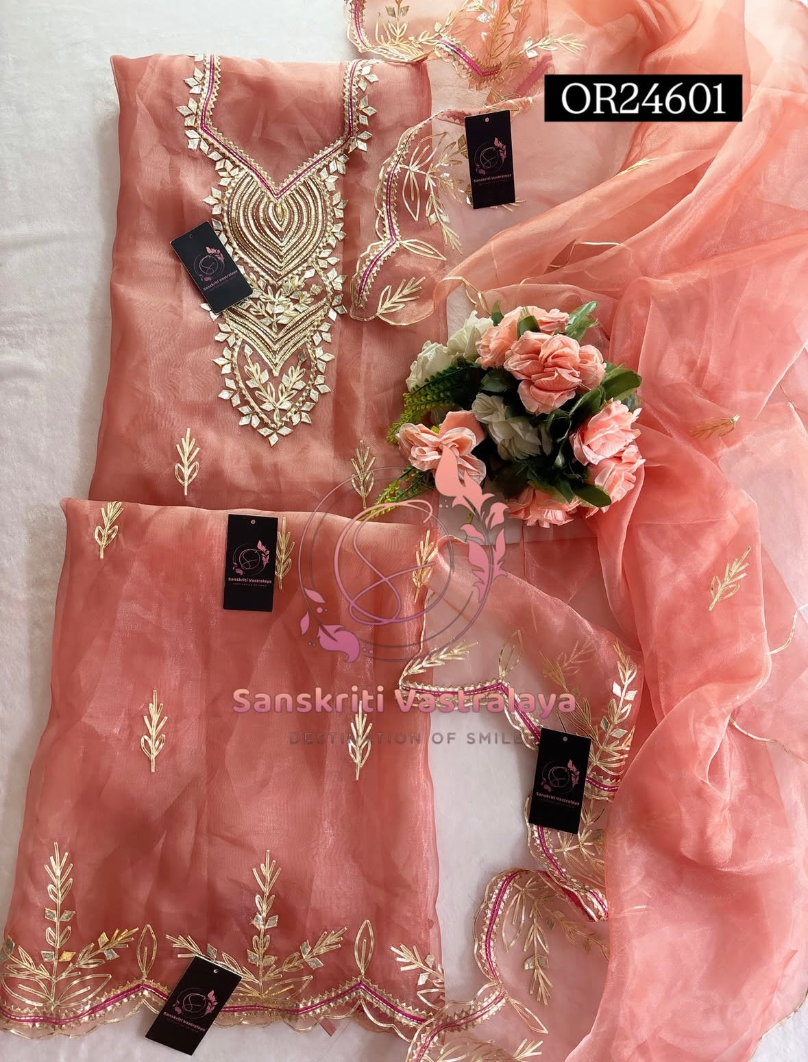 ORGANZA gota patti Handwork 3pc RUST UNSTICHED TISSUE ORGANZA Suit jaipuri GOTA PATTI  OR24601