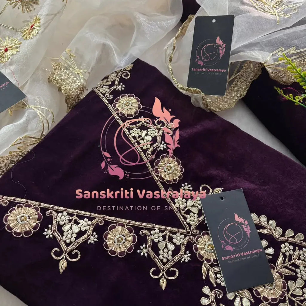 Velvet fabric kurta with zardogi handwork