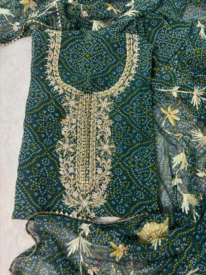 Georgette Bandhani Suit with Zardozi Handwork In Green
