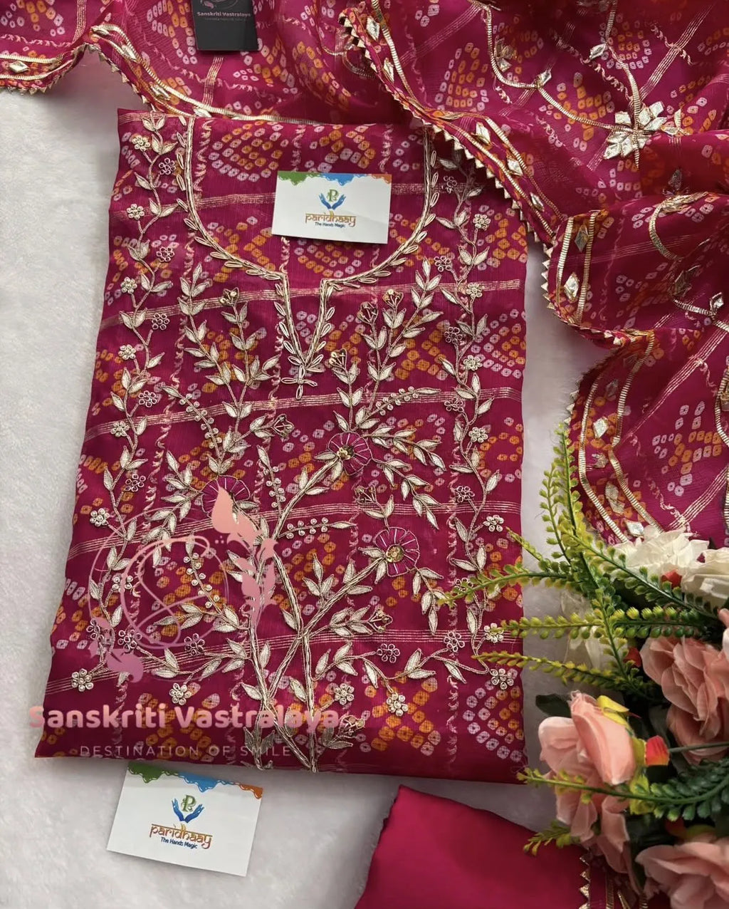 Kota Doria Zardozi Gota patti  Handwork Suit Set In Pink