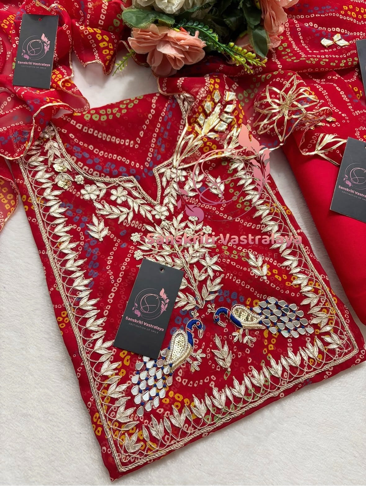 Georgette Bandhani Suit with Zardozi Handwork In Traditional Red colour