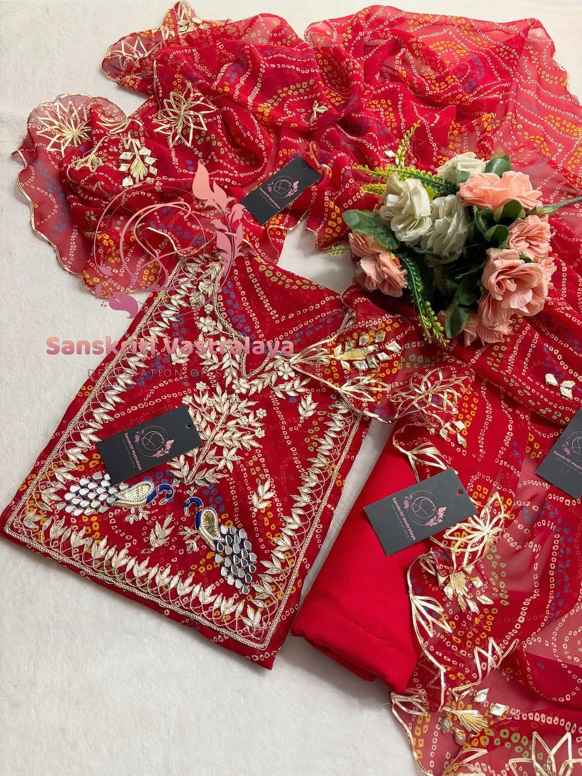 Georgette Bandhani Suit with Zardozi Handwork In Traditional Red colour