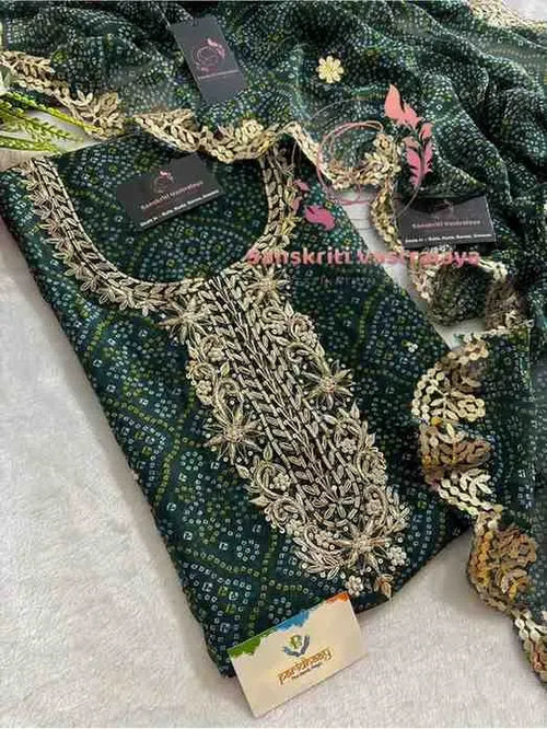 Georgette Bandhani Suit with Zardozi Handwork In Green