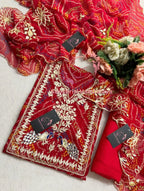 Georgette Bandhani Suit with Zardozi Handwork In Traditional Red colour