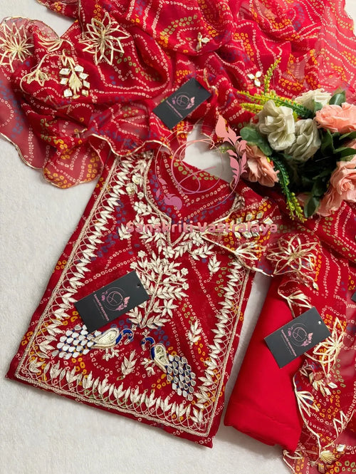 Georgette Bandhani Suit with Zardozi Handwork In Traditional Red colour
