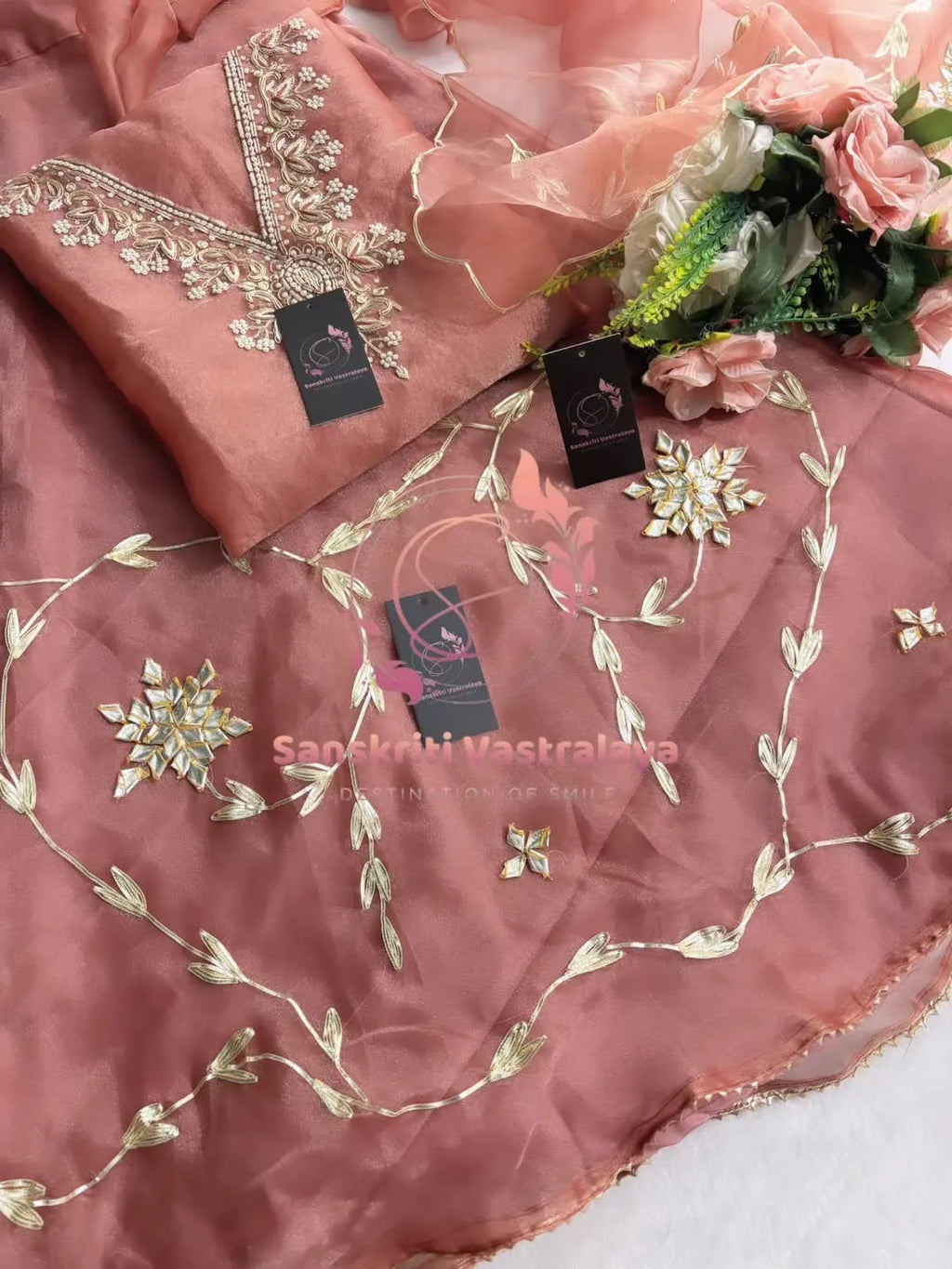 Tissue organza fabric kurta with zardozi handwork