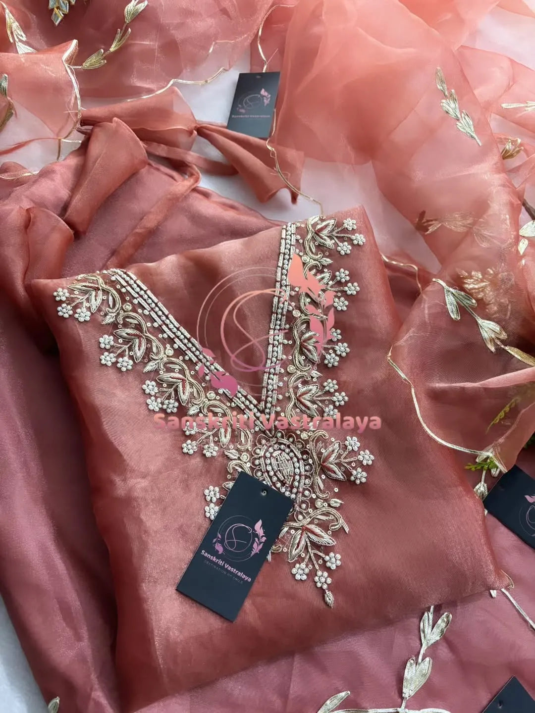 Tissue organza fabric kurta with zardozi handwork