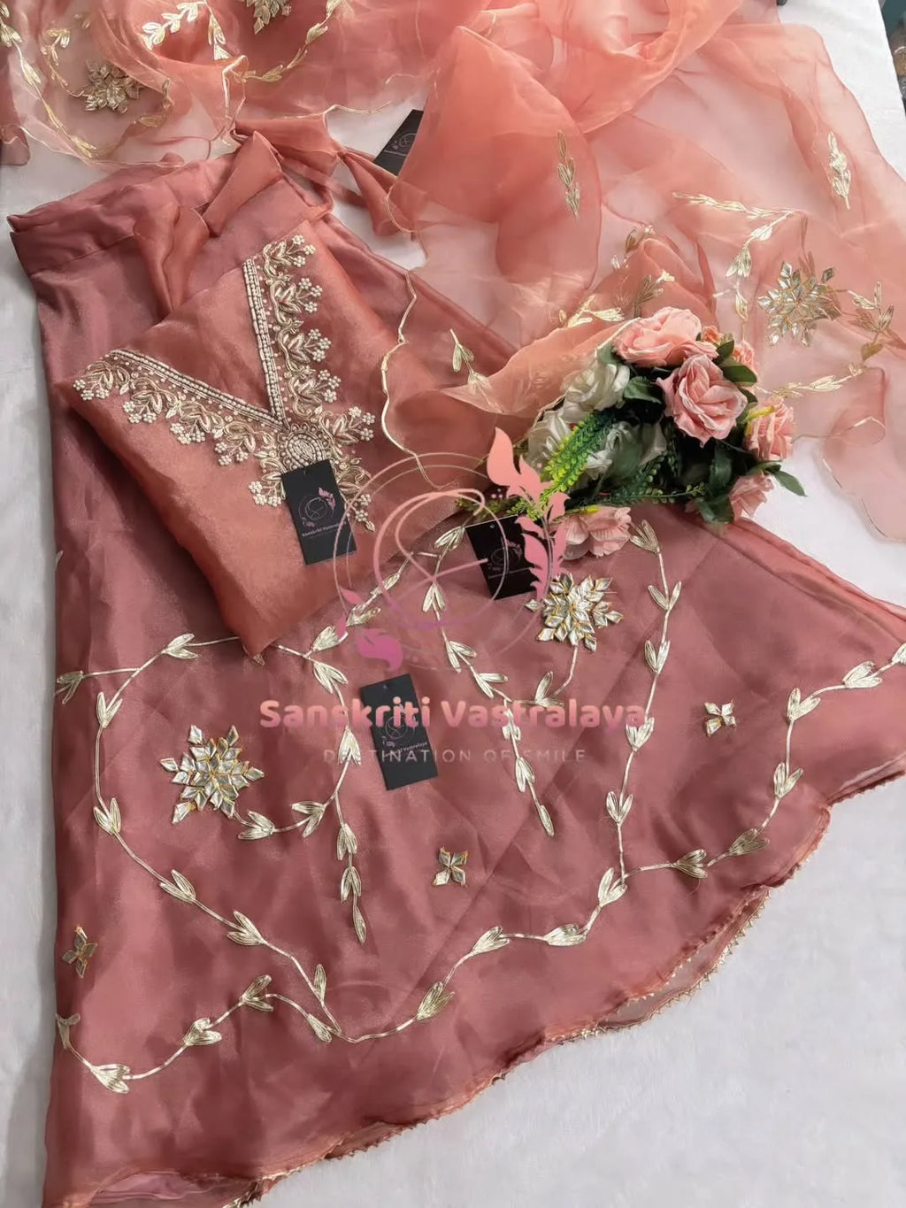 Tissue organza fabric kurta with zardozi handwork
