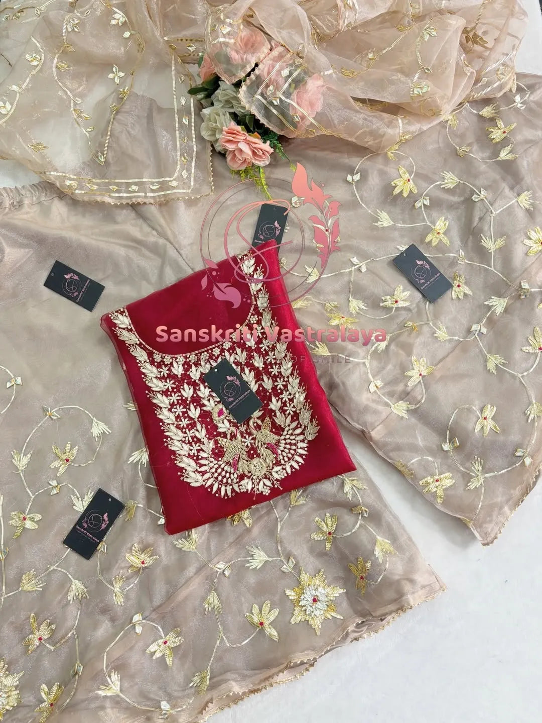 Tissue organza fabric kurta with zardogi handwork