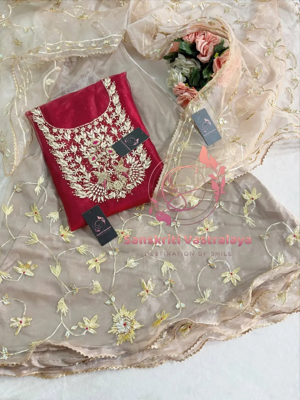 Tissue organza fabric kurta with zardogi handwork