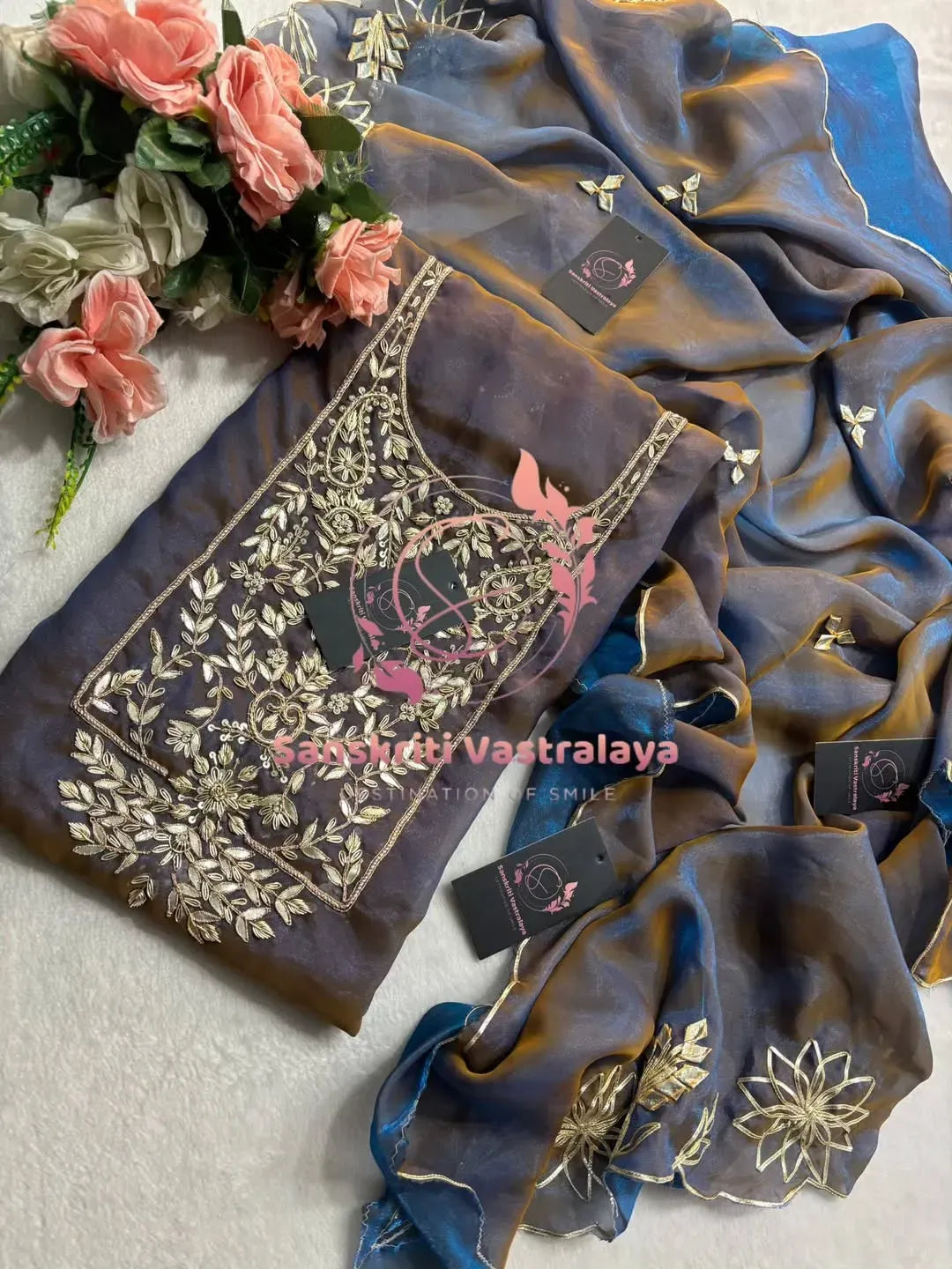 Space silk fabric kurta with zardogi handwork