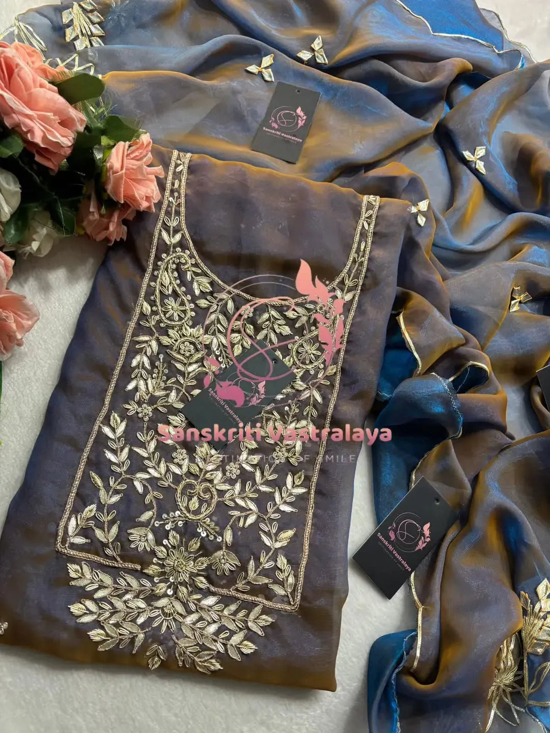 Space silk fabric kurta with zardogi handwork