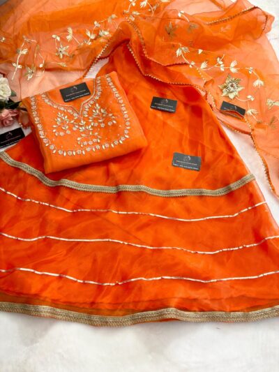 HANDWORK GHARARA KURTA SET IN ORGANZA FABRIC ORANGE COLOUR
