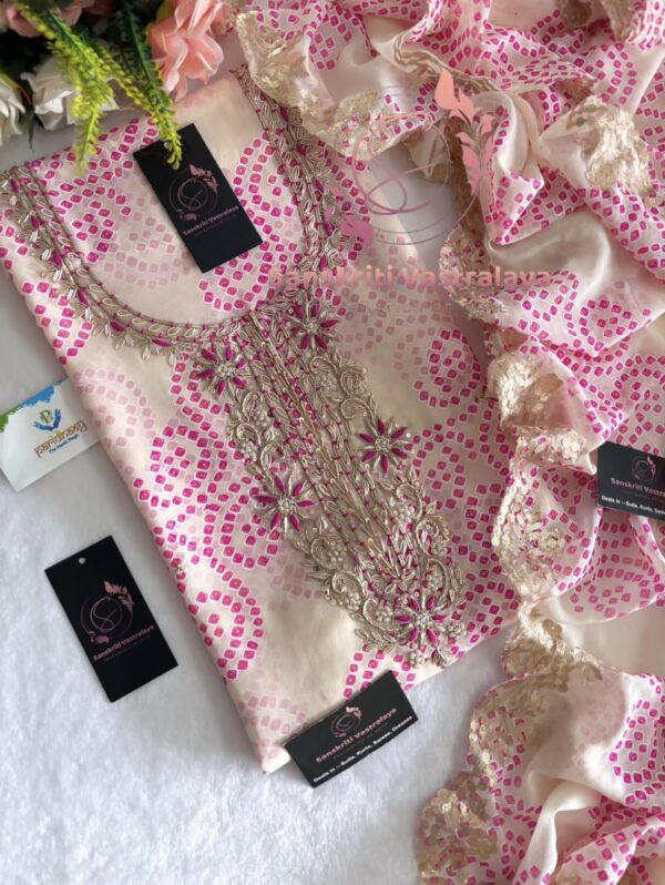 Georgette Bandhani Suit with Zardozi Handwork In Pink And White - Image 2