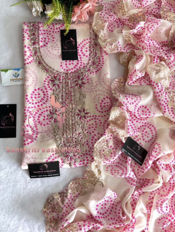 Georgette Bandhani Suit with Zardozi Handwork In Pink And White