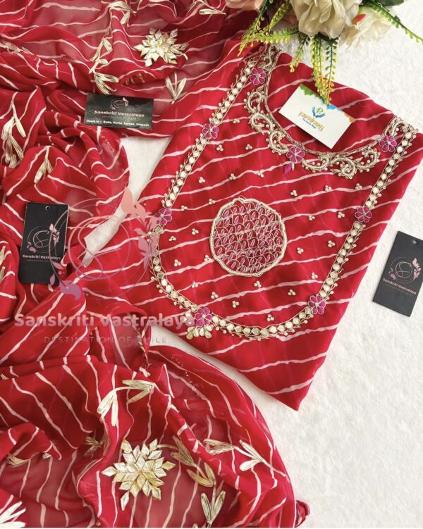 Georgette Leheriya Suit with Zardozi Handwork In Red - Image 2