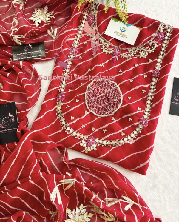 Georgette Leheriya Suit with Zardozi Handwork In Red - Image 3