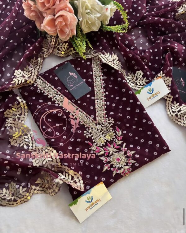 Georgette Handwork Suit with Zardozi Handwork In Wine - Image 3
