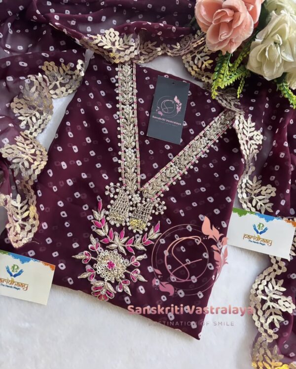 Georgette Handwork Suit with Zardozi Handwork In Wine - Image 2