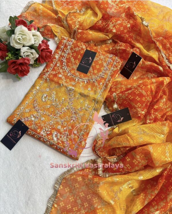 Kota Doria Zardozi Handwork Suit In Orange-Yellow