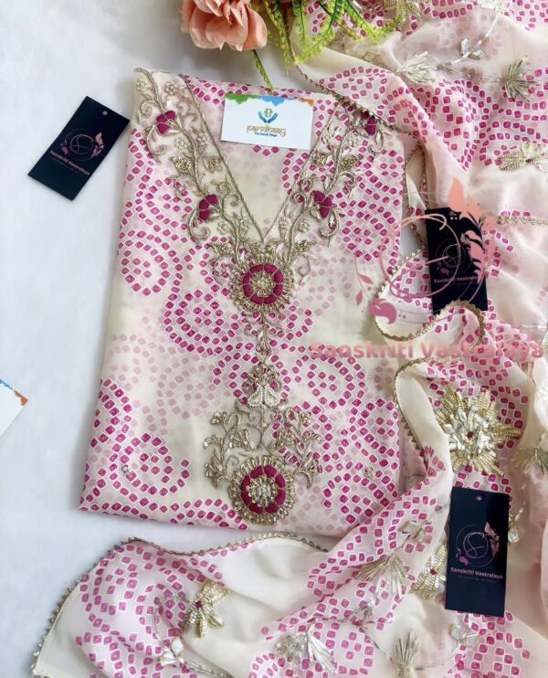 Georgette Bandhani Suit with Zardozi Handwork In Pink and white
