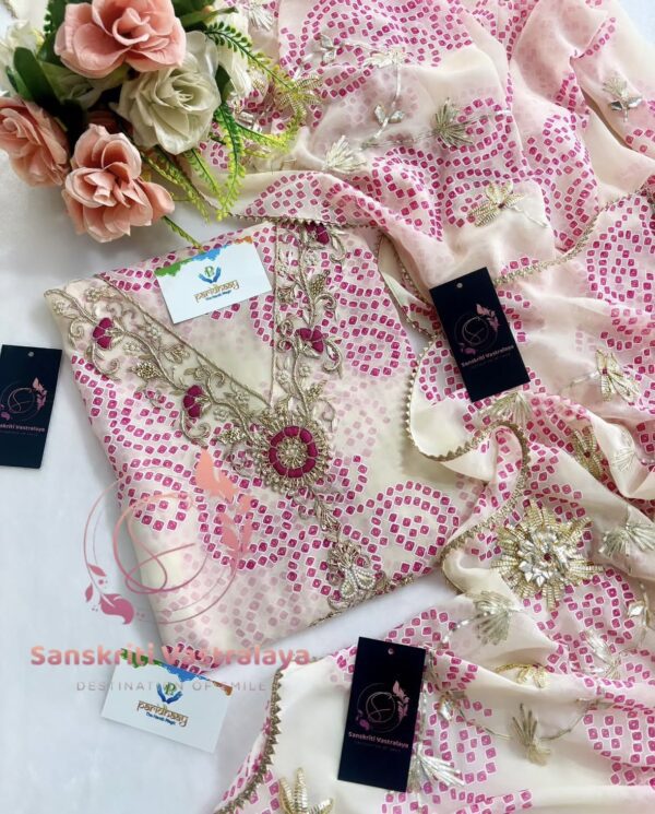 Georgette Bandhani Suit with Zardozi Handwork In Pink and white - Image 2