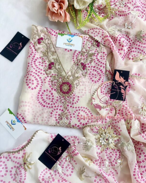 Georgette Bandhani Suit with Zardozi Handwork In Pink and white - Image 3