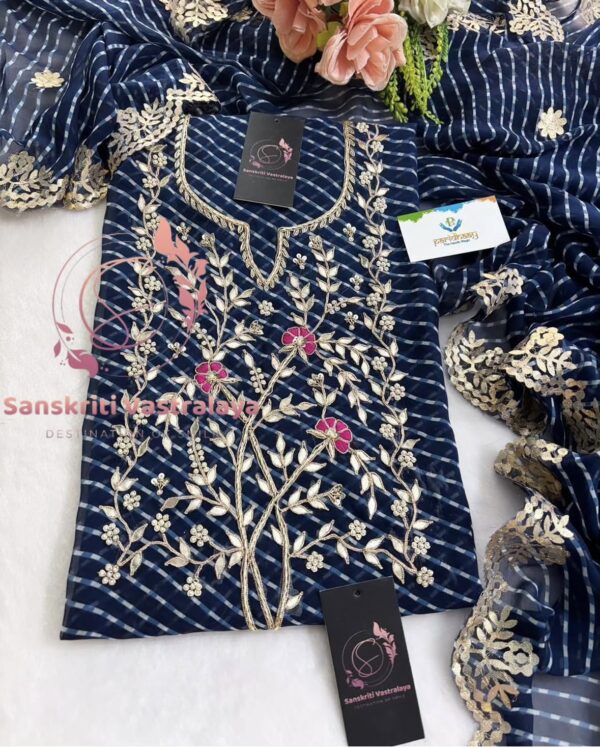 Georgette Mothada Suit with Zardozi Handwork In Blue - Image 3