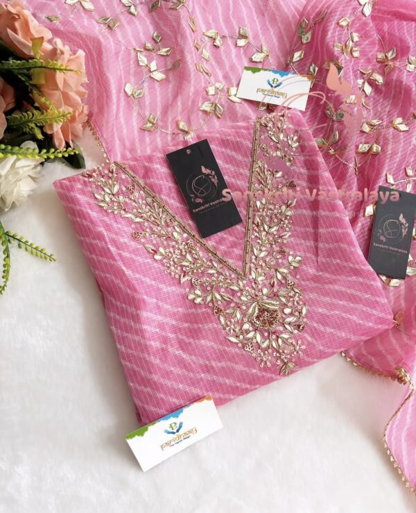 Kota Doria Zardozi Handwork Suit Set In Pink