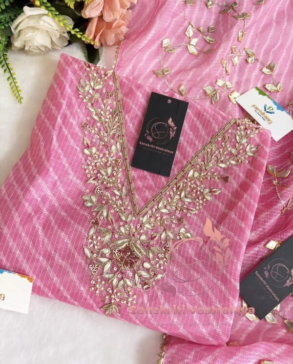 Kota Doria Zardozi Handwork Suit Set In Pink - Image 2
