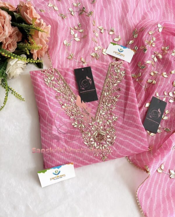 Kota Doria Zardozi Handwork Suit Set In Pink - Image 3