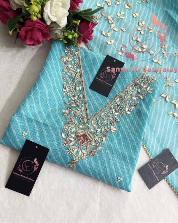 Kota Doria Zardozi Handwork Suit In Sky Blue - Image 3