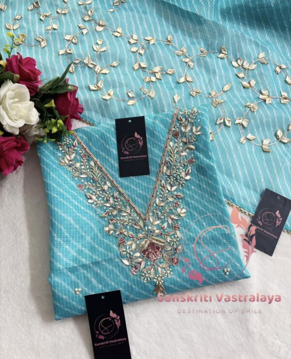 Kota Doria Zardozi Handwork Suit In Sky Blue
