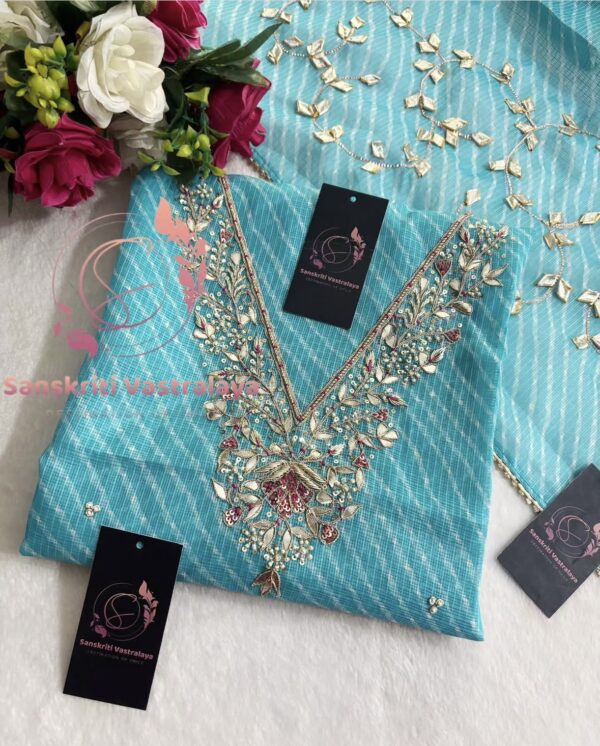 Kota Doria Zardozi Handwork Suit In Sky Blue - Image 2