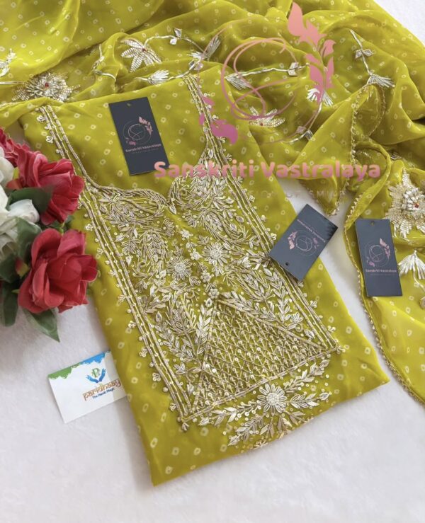 Georgette Bandhani Suit with Zardozi Handwork In Parrot Green