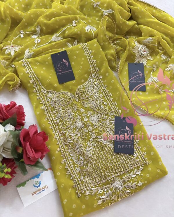 Georgette Bandhani Suit with Zardozi Handwork In Parrot Green - Image 2