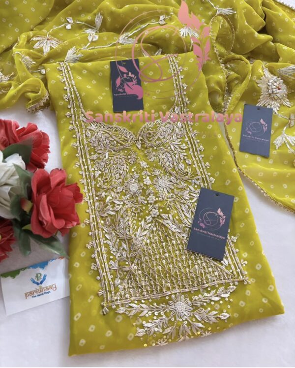 Georgette Bandhani Suit with Zardozi Handwork In Parrot Green - Image 3