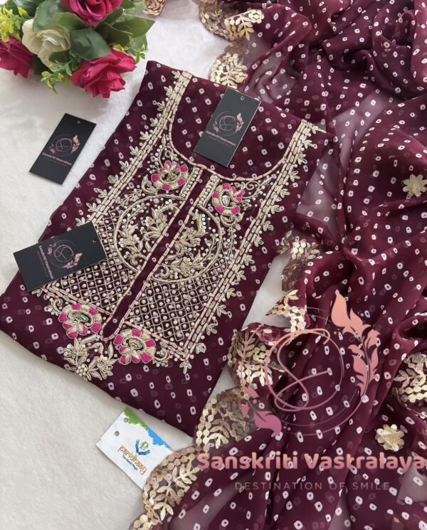 Georgette Bandhani Suit with Zardozi Handwork In Wine