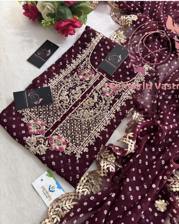 Georgette Bandhani Suit with Zardozi Handwork In Wine - Image 2