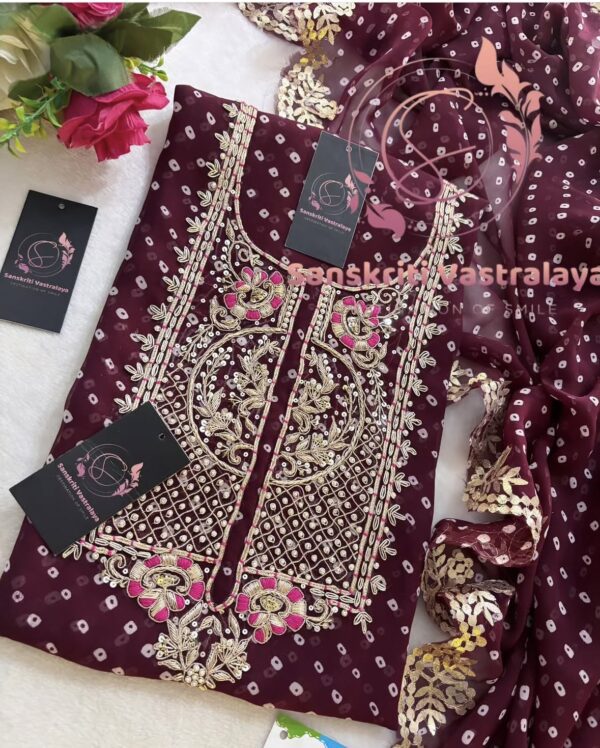 Georgette Bandhani Suit with Zardozi Handwork In Wine - Image 3