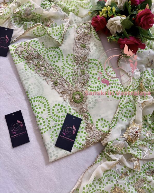 Georgette Bandhani Suit with Zardozi Handwork In white And Green - Image 3