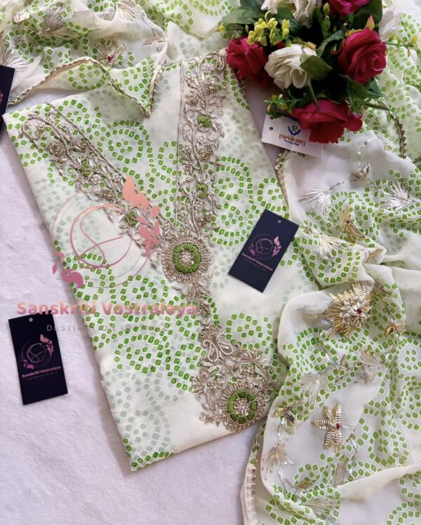 Georgette Bandhani Suit with Zardozi Handwork In white And Green